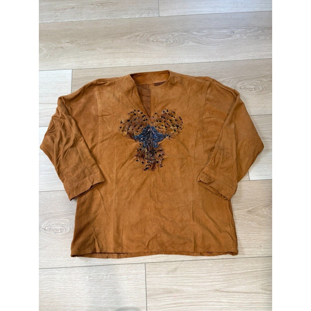 Vtg Suede Leather Tunic Shirt Brown Feather Appliqué Western Boho Cowgirl Top xs